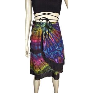 VTG Kathmandu Imports Rainbow Black Tie-Dye Wrap Skirt Festival 100% Cotton OSFM